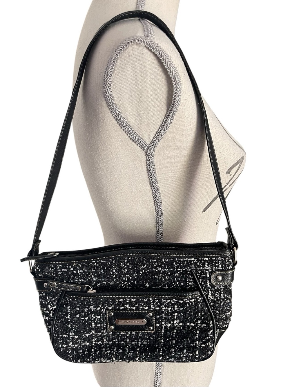 Y2K Rosetti Black/White Tweed Vegan Leather Trim Small Shoulder Bag